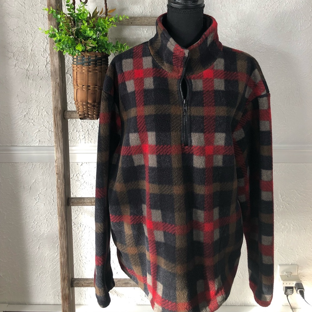 J Crew Plaid Polar Fleece Quarter Zip Over Jacket Red Black Unisex Fleece - Picture 5 of 16
